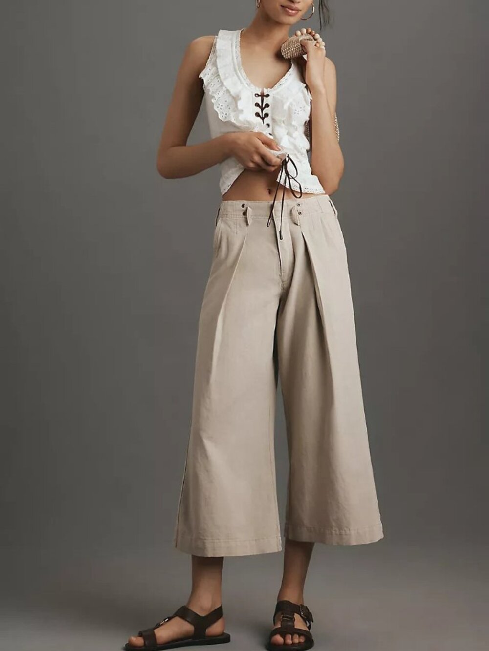 Pilcro Anthropology Linen-Blend Crop Wide-Leg Chino Pants Natural Size 28 NWT